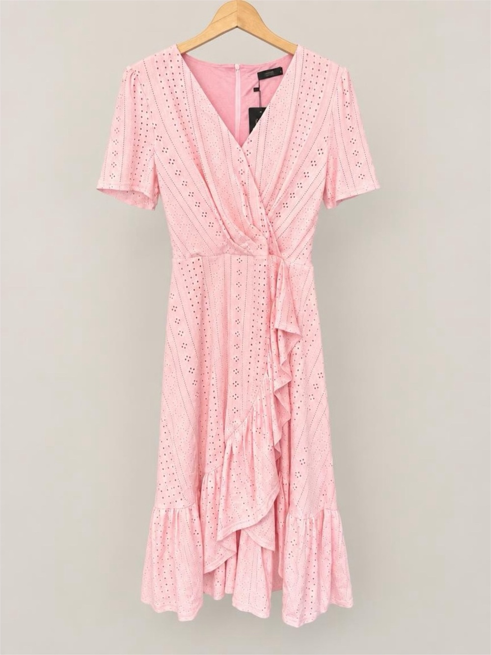 NWT Delicate Pink Eyelet Wrap Midi Dress with Ruffle Trim - XL